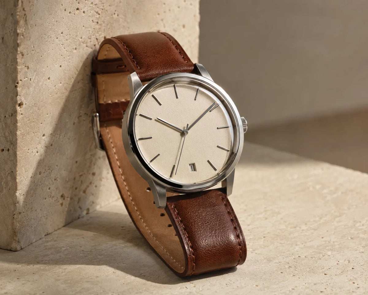 Cognac Leather Ivory Dial Watch