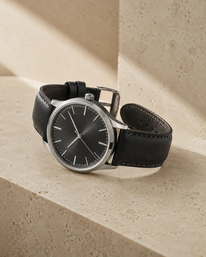Classic Black Leather Dress Watch